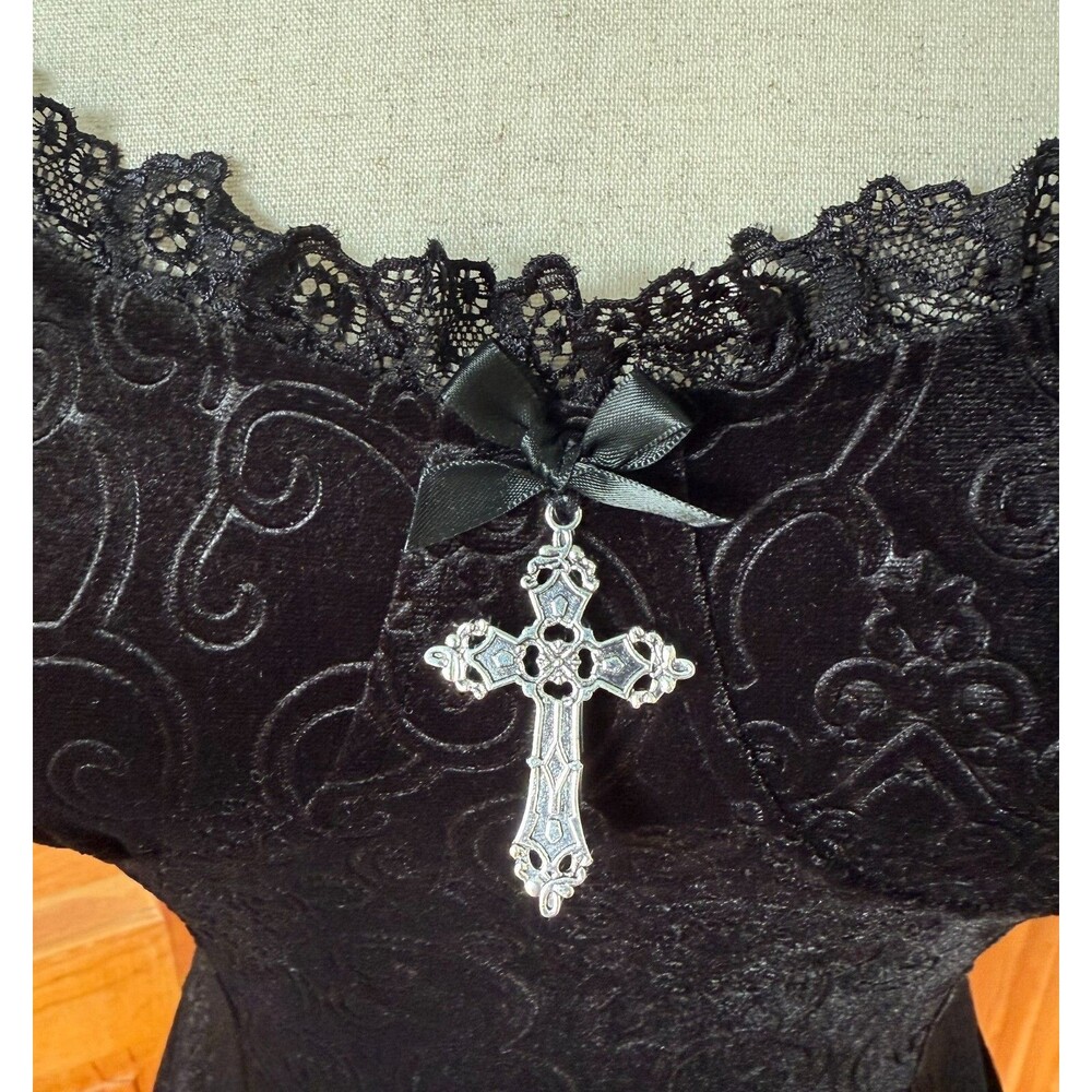 Gothic Lolita Victorian My Summer Woes Black Soft Jacquard Velvet Mini Dress M - Picture 4 of 11